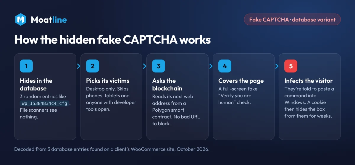 Five steps: hides in the database, picks its victims, asks the blockchain, covers the page, infects the visitor